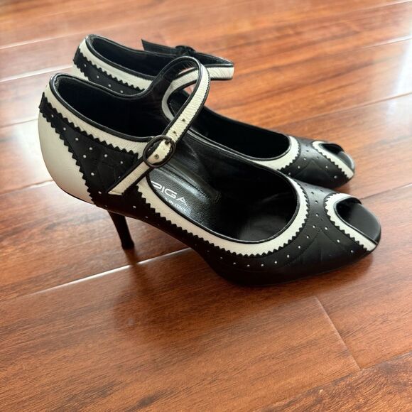 Via Spiga Shoes - VTG Via Spiga Peep Toe Mary Jane’s Black White Ankle Strap Size 7M